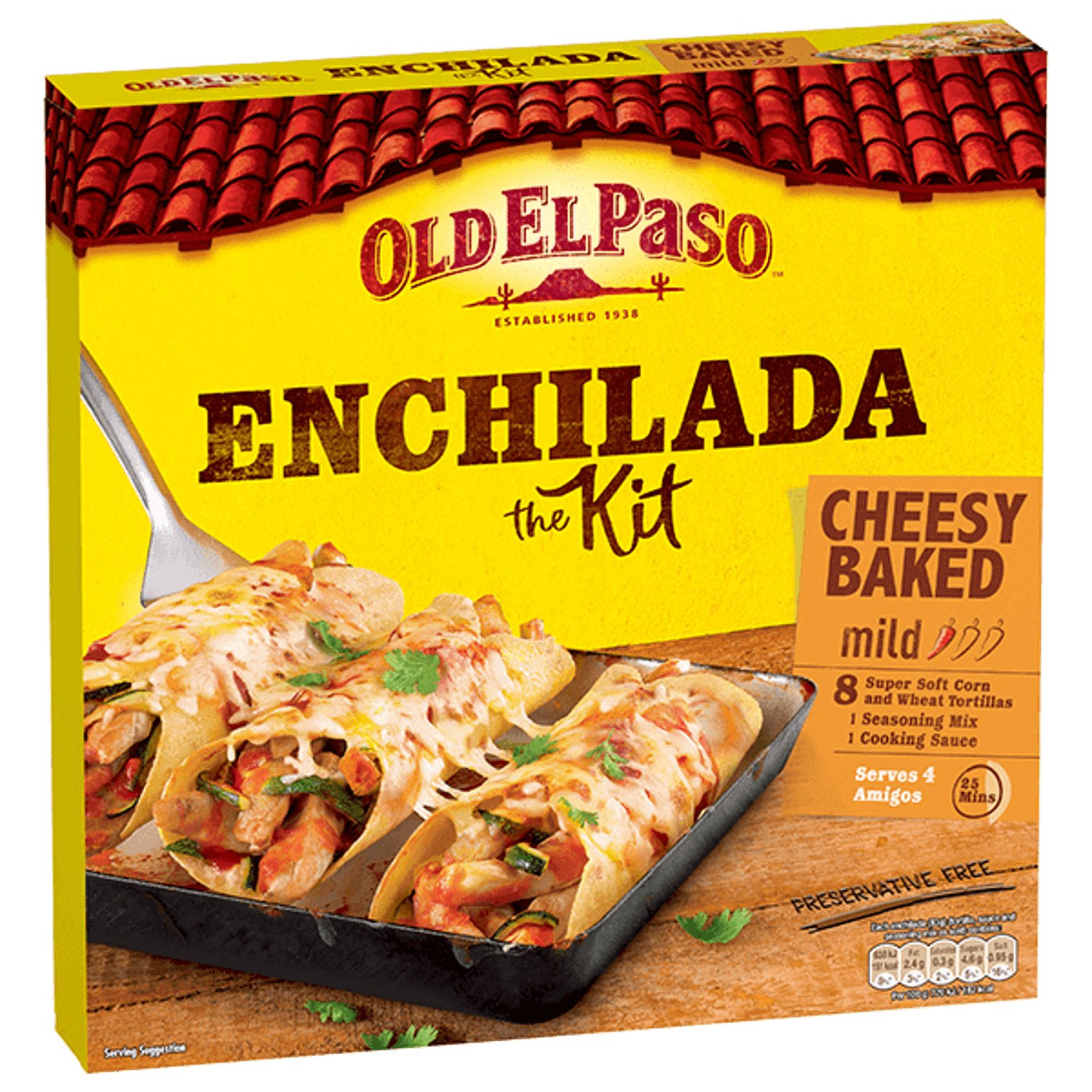 pack of Old El Paso's cheesy baked enchilada kit containing corn and wheat tortillas, cooking sauce & seasoning mix (663g)